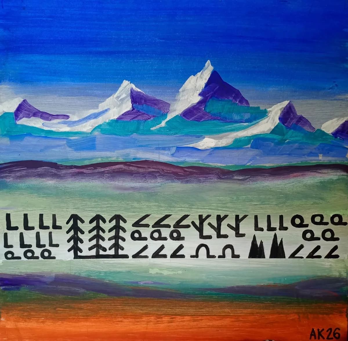White, purple and turquoise mountain peaks beneath a blue sky; two rows of black geometric symbols above an orange band in the lower part of the painting