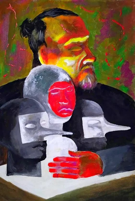 Бородатый мужчина с тёмными волосами и ярким оранжево-жёлтым лицом; перед ним три головы-маски — красная в центре и две серые с длинными носами, внизу красная рука